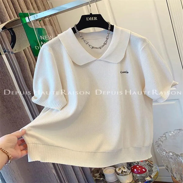 Plus Size Women's Summer French-Style Knitted Short-Sleeve Relaxed Fit Sweater Fits 331 lb