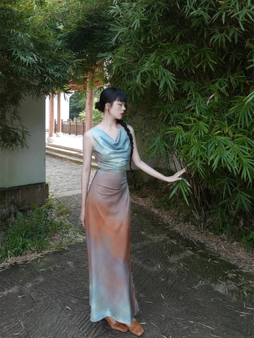 Sunset Glow Skirt Chinese-Style Gentle Rosy Cloud Gradient Pleated Sleeveless Draping Collar Tie-Dye Dress