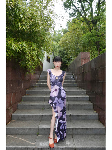 Purple Man Die Dream Skirt Rosemary Trumpet Flower Mysterious and Elegant Retro Chinese Split Maxi Dress