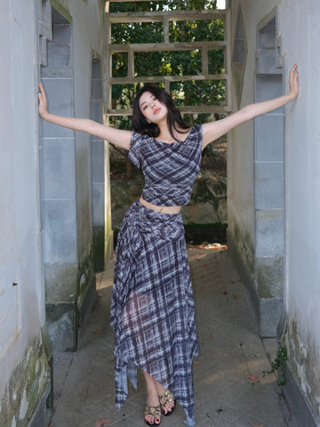 Mo Ge Feng Yan Skirt: New Chinese Style Plaid Retro Off-the-Shoulder High-Waist Fashionable Two-Piece Set Casual