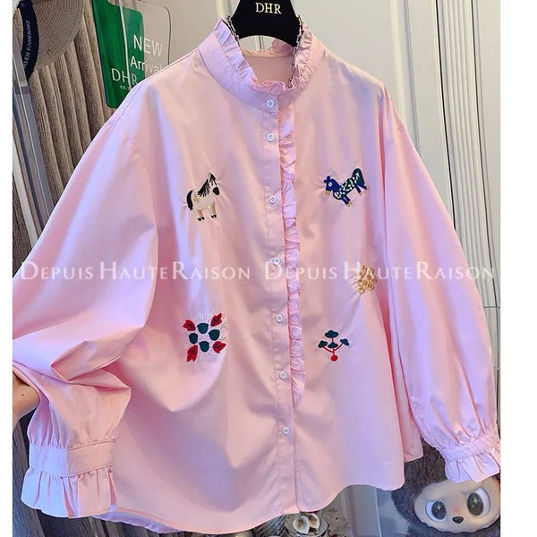 Plus Size Women's Spring Summer Embroidered Long-Sleeve Shirt Fits 331 lb