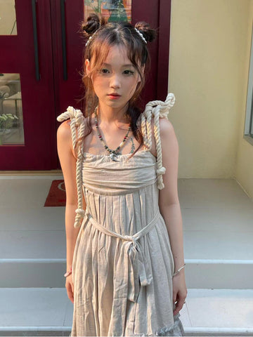 Tie-dye Ink Painting Skirt Irregular Strap Distressed Cotton Linen Patchwork Half Dress Convertible