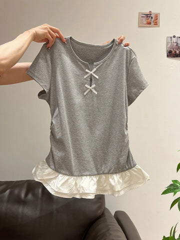 Plus Size Women's Summer Vintage Patchwork Short-Sleeve Relaxed Fit T-Shirt Fits 331 lb