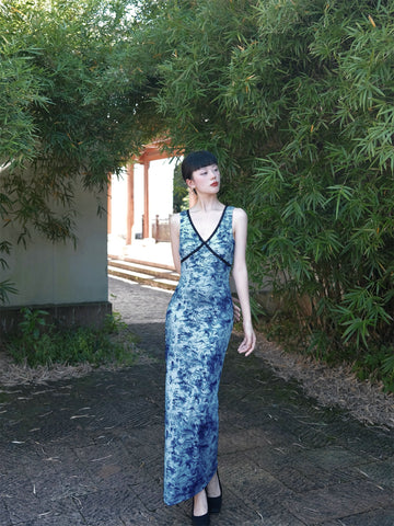 Azure Ripple Glass Skirt Porcelain Blue Tie-Dye Retro New Chinese Style Sleeveless Backless Slim Fit Dress