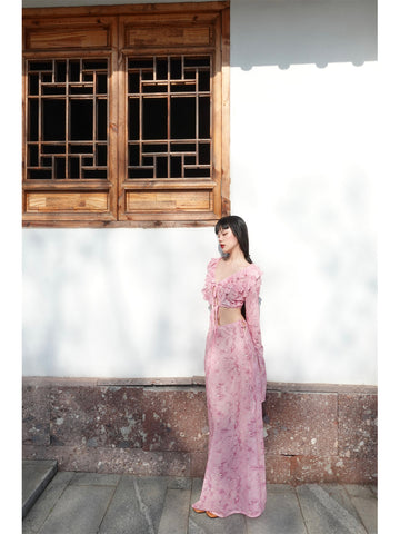 Fallen Petals on a Gentle Pink Qipon Retro Floral Trim New Chinese Style Fresh and Delicate Hollow-Out Young Women's Set