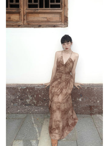 Withered Wood Smoke Field Skirt New Chinese Style Shibori Wabi-Sabi Original Waist Tie Backless Halter Maxi Dress
