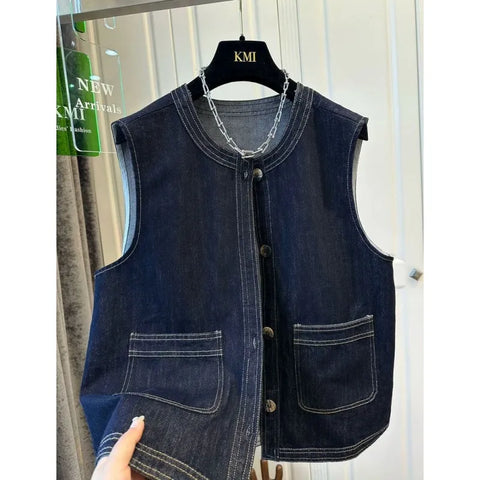 Plus Size Women's Summer New-Style Vintage Denim Sleeveless Relaxed Fit Vest Fits 88-331 lb