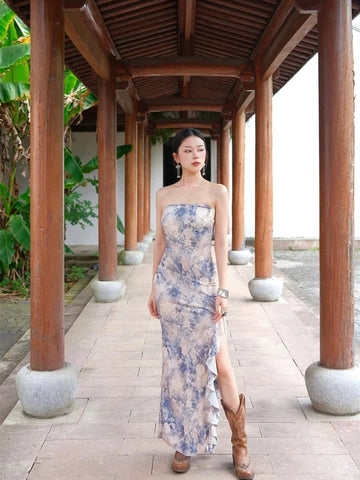 Yan Ting Yun Jia Skirt Moonlight Cool and Elegant New Chinese Style Irregular Fitted Strapless Dress
