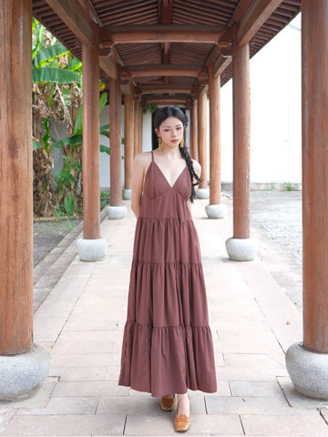 Red Clay Tiered Ruffle Retro Chinese-style Brown Cozy Tie-front Slip Dress Loose Cami