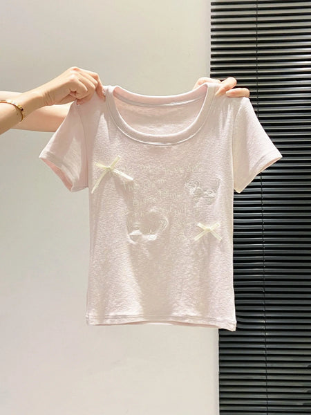 Plus Size Women's Summer Casual Bow Printed Short-Sleeve T-Shirt Fits 331 lb