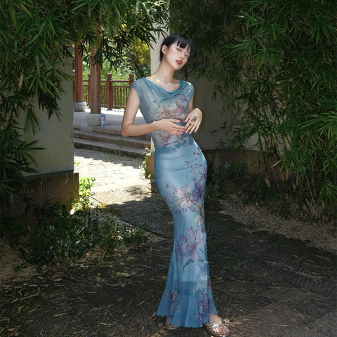 Qingwan Ziyuan Skirt Iris Retro Chinese Style Scoop Neck Slim Fit Jumpsuit + Mermaid Long