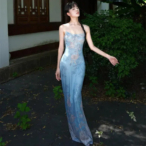 Orchid Vine Moonlit Skirt Classical Rhyme Blue Retro Tie-Dye Island Vacation Style Halter Dress