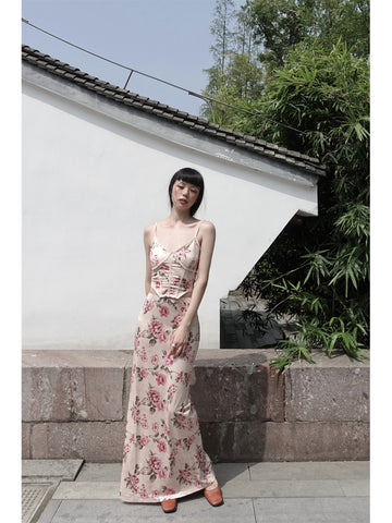 Ancient Flower Camellia Skirt Classical Courtyard Style Fishbone Chinese Original Halter Slim Fit Maxi Dress