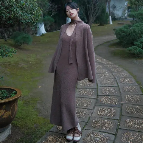 Warm Brown Set Autumn Stroll Skirt Lazy Elegant Relaxed Retro Two-Piece Sweater Cardigan