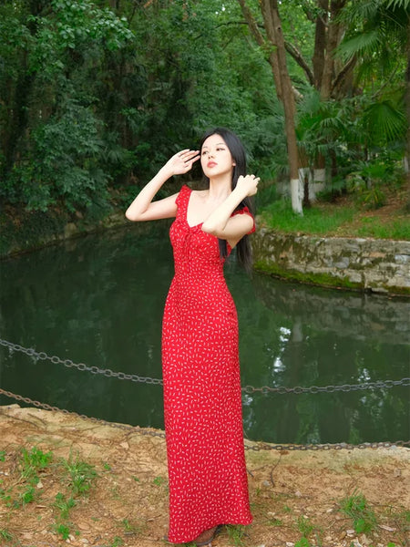 Yan Zhi Hong Xiqu Dress New Chinese Style Retro Floral Advanced Fairy Hepburn Vacation Waist Cinching