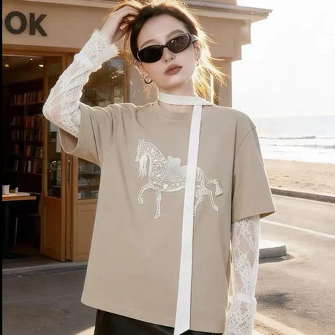Plus Size Women's Summer Lace Patchwork T-Shirt