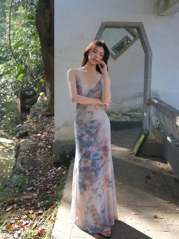 Ji Gray 'Tan' Skirt Soft and Cozy Vintage and Gentle Spaghetti Strap Floral Slim-Fit Waist-Cinching Mermaid Dress