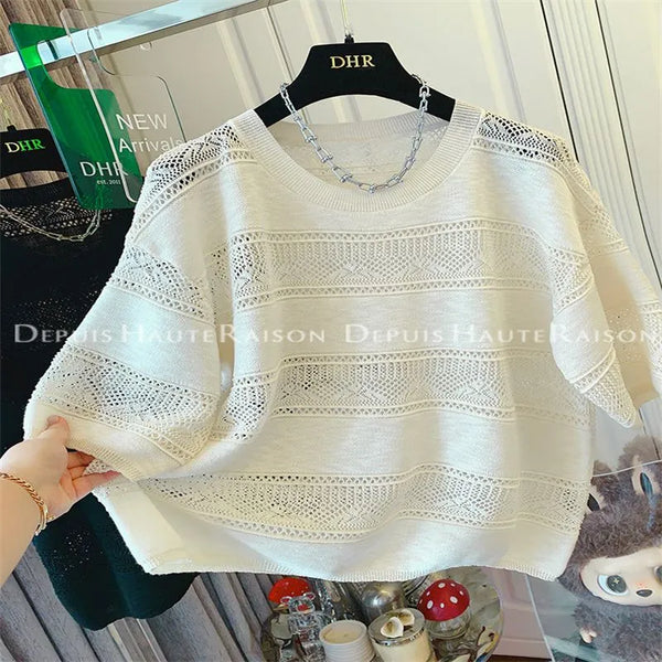 Plus Size Women's Summer Casual Knitted Short-Sleeve Relaxed Fit Sweater Fits 331 lb