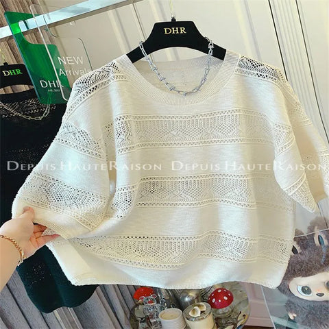 Plus Size Women's Summer Casual Knitted Short-Sleeve Relaxed Fit Sweater Fits 331 lb