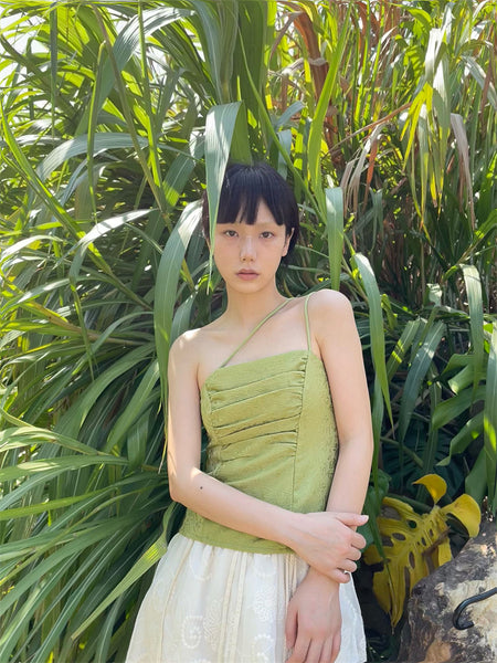 Xiao Ju Chuan Li / Leaf Root Print Cami Asymmetric Top in Spring Green with Embossed Texture and Relief Pattern