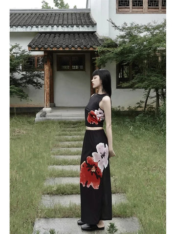 National Style Peony Skirt Retro Plant Series New Chinese Original Sleeveless Set Top + Dress