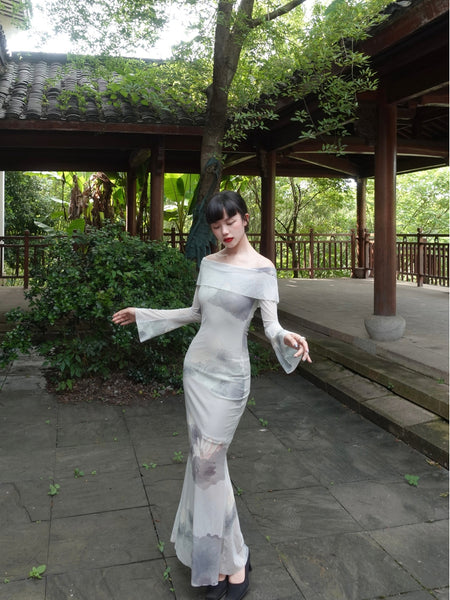 Landscape Lotus Wave Skirt New Chinese Style National Wind Retro Print Off-Shoulder Long Sleeve Mermaid Dress