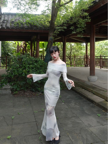 Landscape Lotus Wave Skirt New Chinese Style National Wind Retro Print Off-Shoulder Long Sleeve Mermaid Dress
