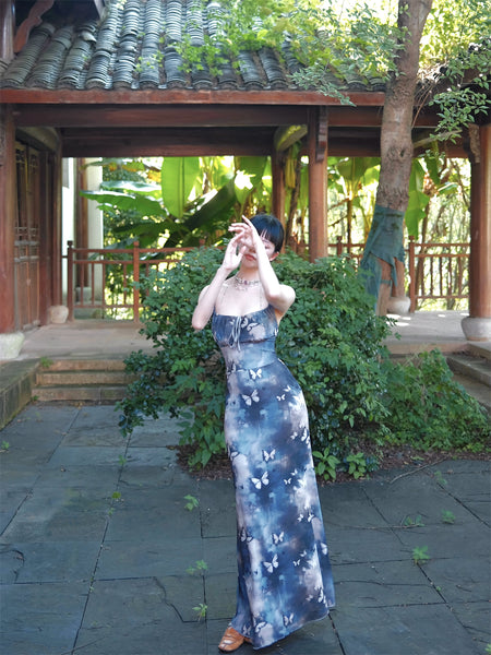 Xiangyunsha Butterfly Skirt Misty Blue-Gray Chinese Style Gradient Cold Feeling Mesh Halter Dress Long Gown