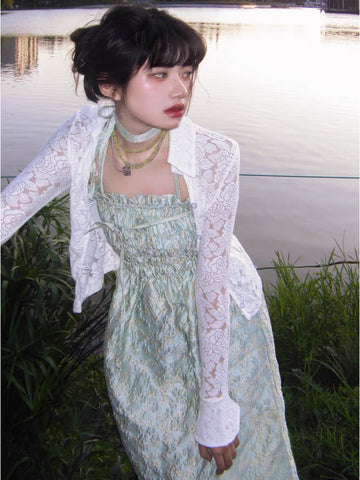 Embossed Green Bustier Dress Yellow-Green Textured Jacquard Nomadic Grassland Fresh Floral Puffed Strap