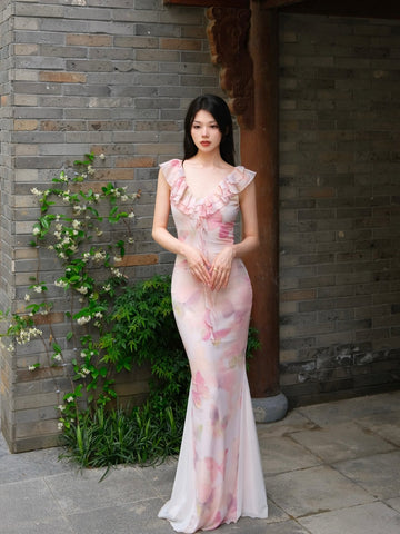 Spring Butterfly Resting on Clouds Skirt. Exquisitely Detailed New Chinese Style Hem Ruffle Mermaid Waist-cinching Slim-fit Dress