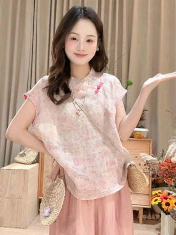 Plus Size Women's Summer French-Style New-Style Floral Short-Sleeve Shirt Fits 331 lb