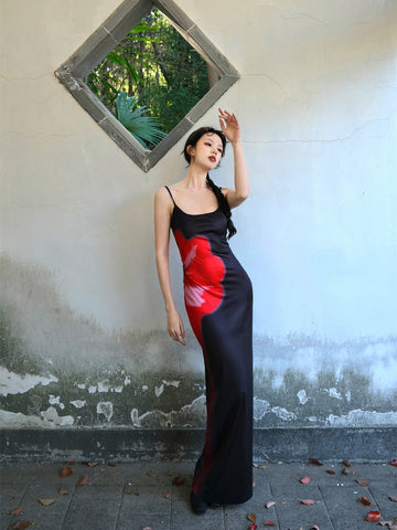 Dark Night Crimson Skirt Red Rhythm Exquisite Dream Retro Floral New Chinese Style Halter Dress