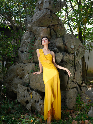 Orange Dusk Cloud Skirt Lazy Vacation Mesh Asymmetrical Shoulder Retro Irregular Patchwork Dress