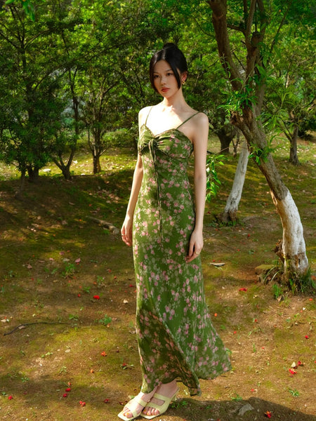 Qing Luo Ying Qun Yu Vintage Floral Mini Fresh Green Slip Midi Dress