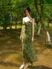 Qing Luo Ying Qun Yu Vintage Floral Mini Fresh Green Slip Midi Dress