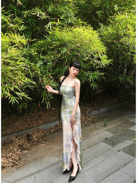 Green Bamboo Rhyme Grace Skirt Classical Blue Vine New Chinese Style Elegant Slit Irregular Strapless Long Dress