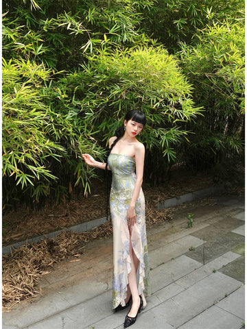 Green Bamboo Rhyme Grace Skirt Classical Blue Vine New Chinese Style Elegant Slit Irregular Strapless Long Dress