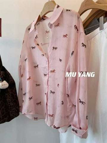 Plus Size Women's Summer New-Style Printed Chiffon Long-Sleeve Relaxed Fit Blouse Fits 331 lb