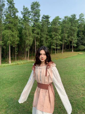 Brick Dirty Dyed Midi Skirt Flower Rain Dew Linen Texture Pleated Layered Waist Cinch Square Shoulder Waistband Dress