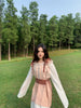 Brick Dirty Dyed Midi Skirt Flower Rain Dew Linen Texture Pleated Layered Waist Cinch Square Shoulder Waistband Dress