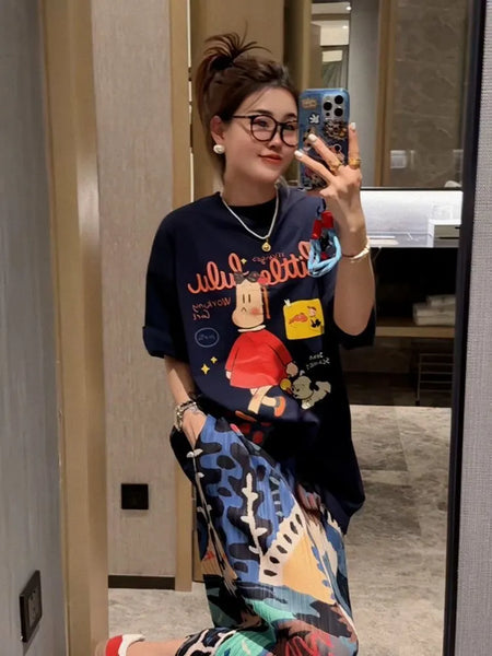 Plus Size Women's Summer Fashionable New-Style Printed Pleated Short-Sleeve Two-Piece Set Fits 331 lb