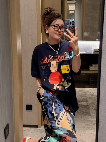 Plus Size Women's Summer Fashionable New-Style Printed Pleated Short-Sleeve Two-Piece Set Fits 331 lb