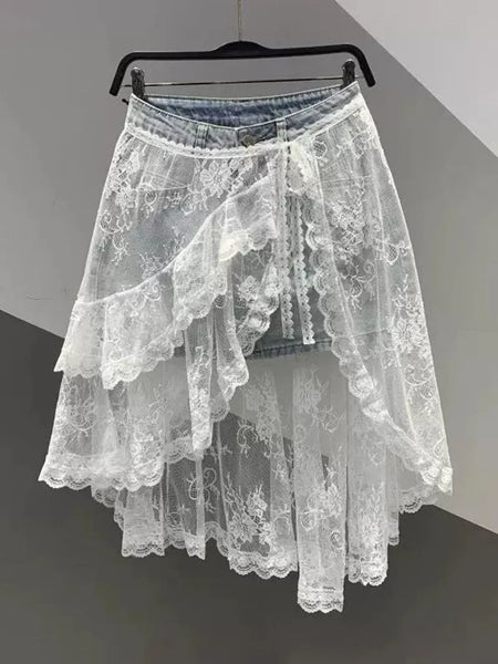 Plus Size Women's Summer Fashionable New-Style Lace Patchwork Denim Skirt Fits 331 lb