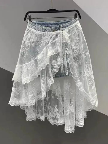 Plus Size Women's Summer Fashionable New-Style Lace Patchwork Denim Skirt Fits 331 lb