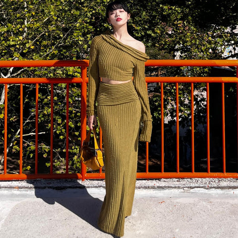 Wind Whisper Olive Green Retro Halter Knit Top and Two-Piece Set