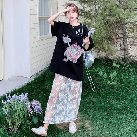 Plus Size Women's New-Style Lace Embroidered Printed Relaxed Fit Two-Piece Set