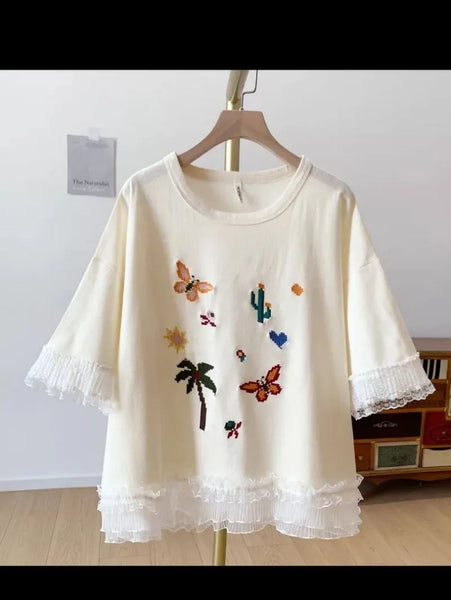 Plus Size Women's Summer Embroidered Short-Sleeve Relaxed Fit T-Shirt Fits 220-331 lb
