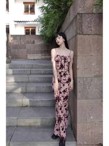 Elegant Rose Pink Print Oil Painting Estate Vintage Floral Lace New Chinese Two-Piece Set