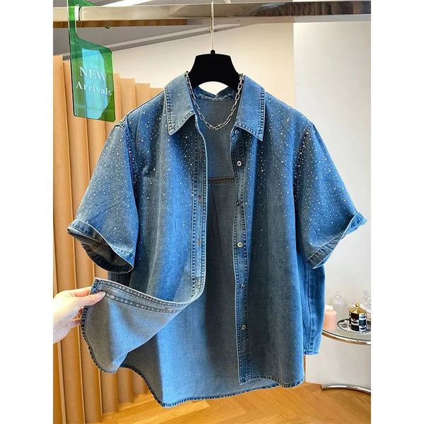 Plus Size Women's Summer Casual Denim Short-Sleeve Relaxed Fit Shirt Fits 331 lb