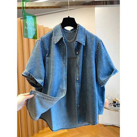 Plus Size Women's Summer Casual Denim Short-Sleeve Relaxed Fit Shirt Fits 331 lb